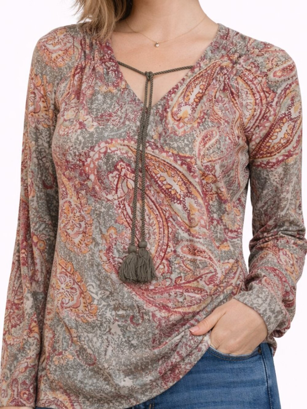Small Women’s Boho Paisley Long Sleeve Lightweight Blouse Tassel Tie V-Neck Top